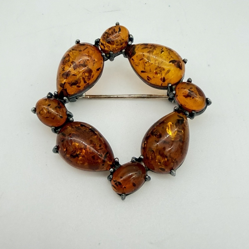 Vintage Sterling Silver Baltic Amber Brooch Wreath Circle